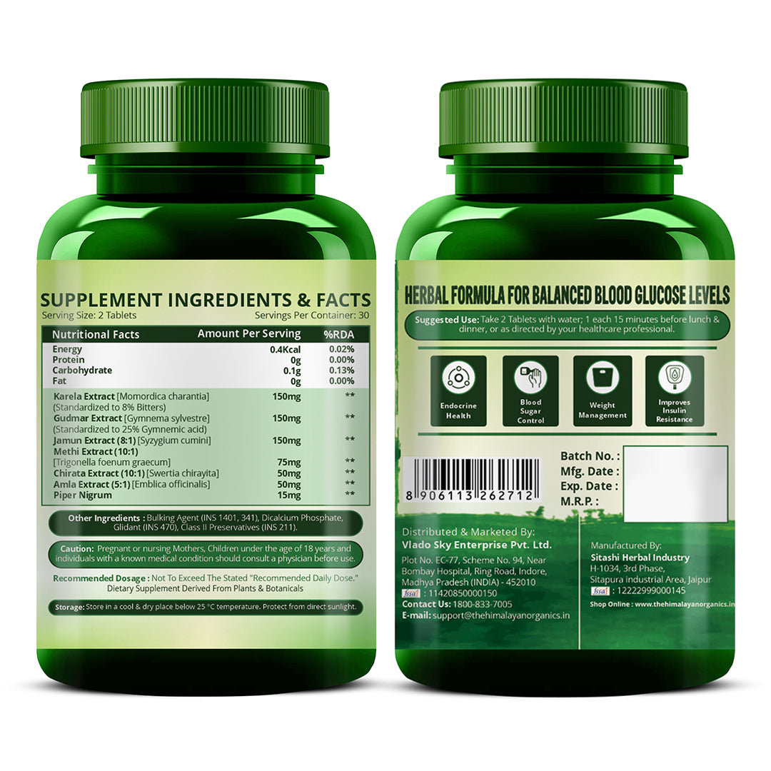 Vlado's Himalayan Organics Plant-Based Gluco Balance | With Jamun, Bittermelon, Amla, Gudmar, Chirayta Extracts | 60 Veg Tablets