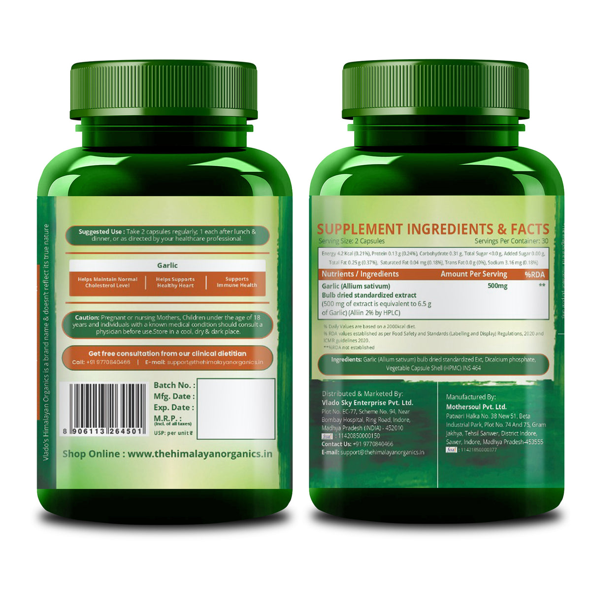 Vlado’s Himalayan Organics Garlic 500mg Supplement | Extract (1:13) Allium Sativum - 60 Veg Capsules