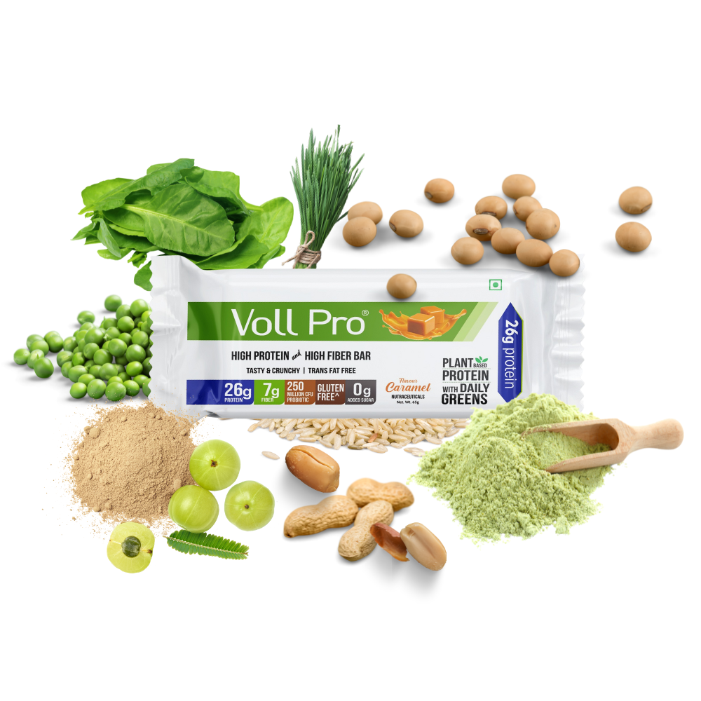 Voll Pro Plant Protein Bar With Daily Greens | Caramel Flavor Protein Bar | Sugar Free Bar With 26g Plant Protein and 7g Fiber | Each Bar of 65g | Pack of 6 Bars
