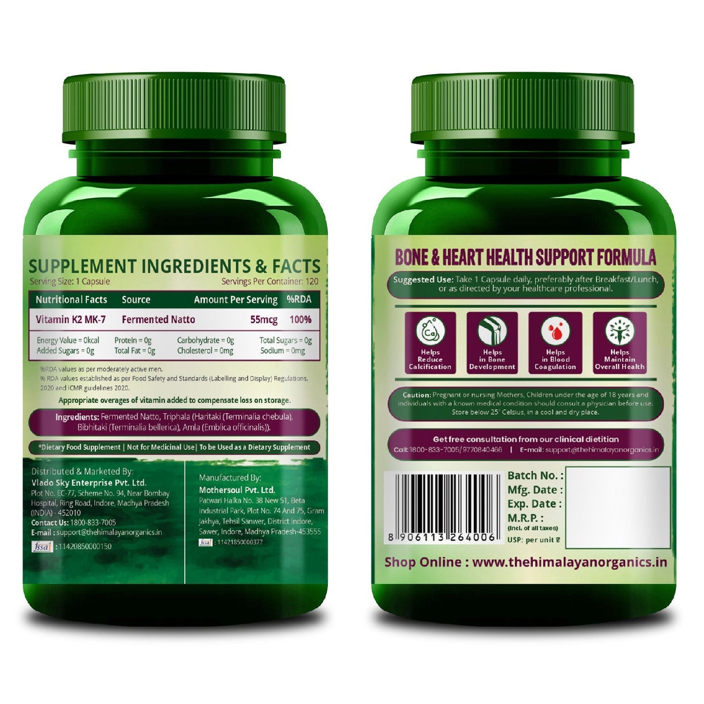 Vlado's Himalayan Organics Plant-Based Vitamin K2 MK- 7 Supplement 55 MCG / Serving - k2 supplements for Men & Women - 120 Veg Capsules