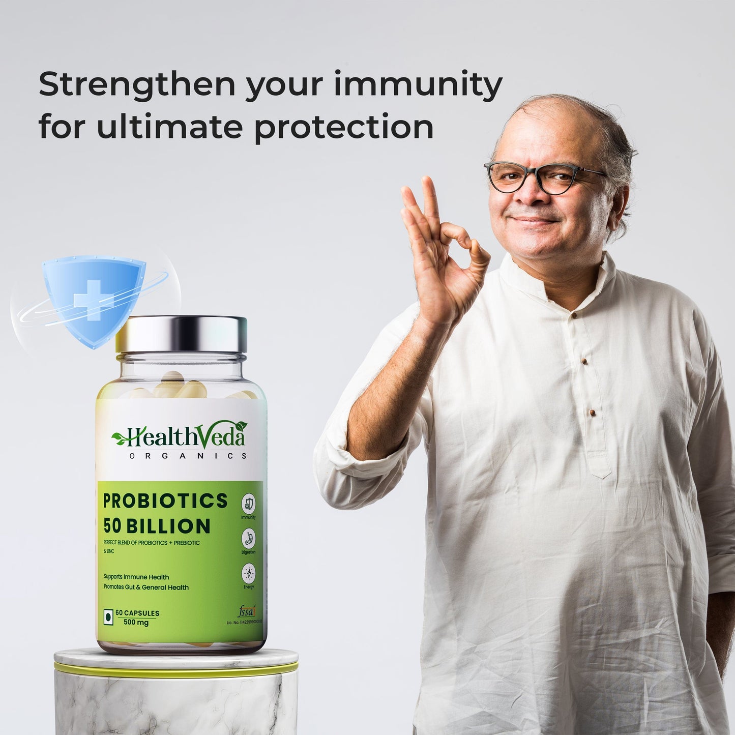 Health Veda Organics Probiotics 50 Billion CFU Multi-Strains | 60 Veg Capsules | 10X Better Digestion, Immunity Support | Improves Gut Health | For Both Men & Women