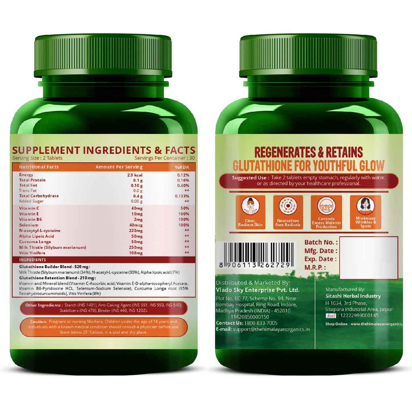 Vlado's Himalayan Organics Glutathione Builder for Anti-Ageing & Skin Brightening with ( Vitamin C, E, B6 & Curcumin ) - 60 Veg Tablets