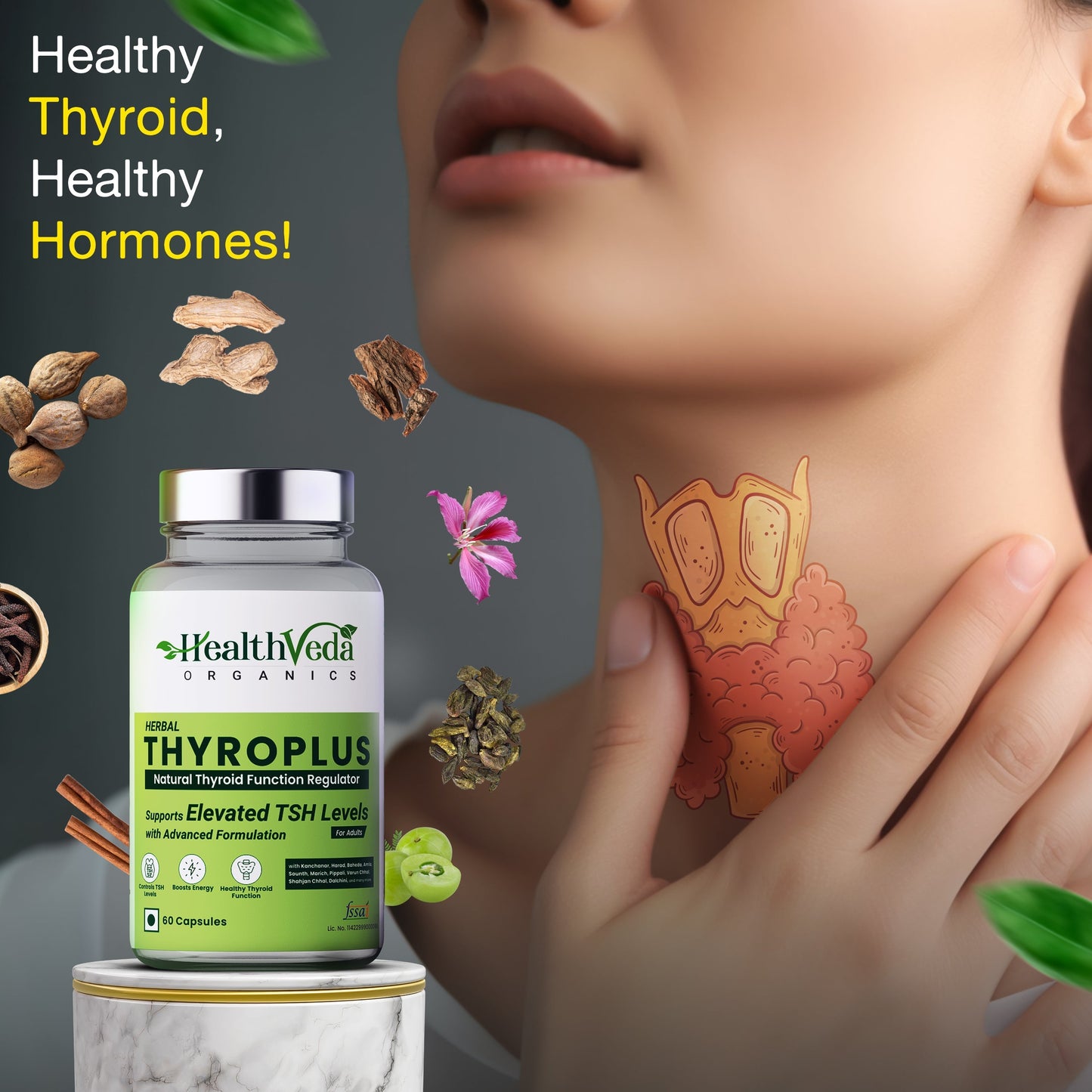 Health Veda Organics Thyroplus Supplements for Thyroid Support - 60 Veg Capsules