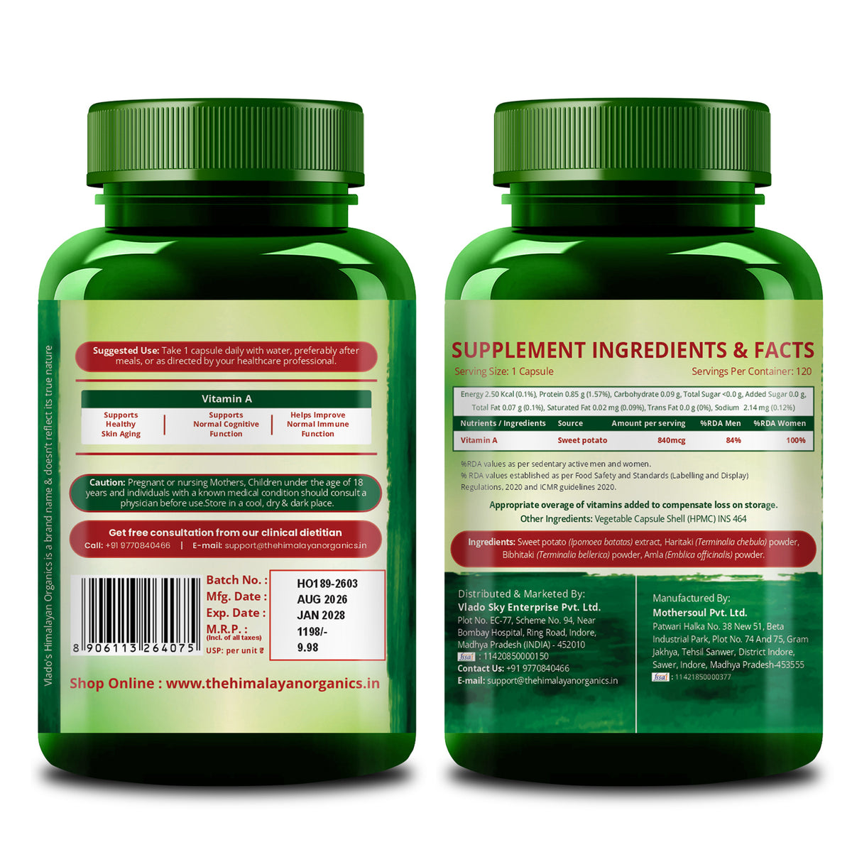 Vlado's Himalayan Organics Plant-Based Vitamin A Supplement | Sourced from Sweet Potato & Triphala | 120 Veg Capsules