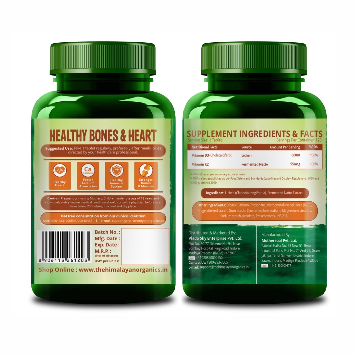 Vlado's Himalayan Organics Vitamin D3 with K2 As MK7 Supplement - 120 Veg Tablets
