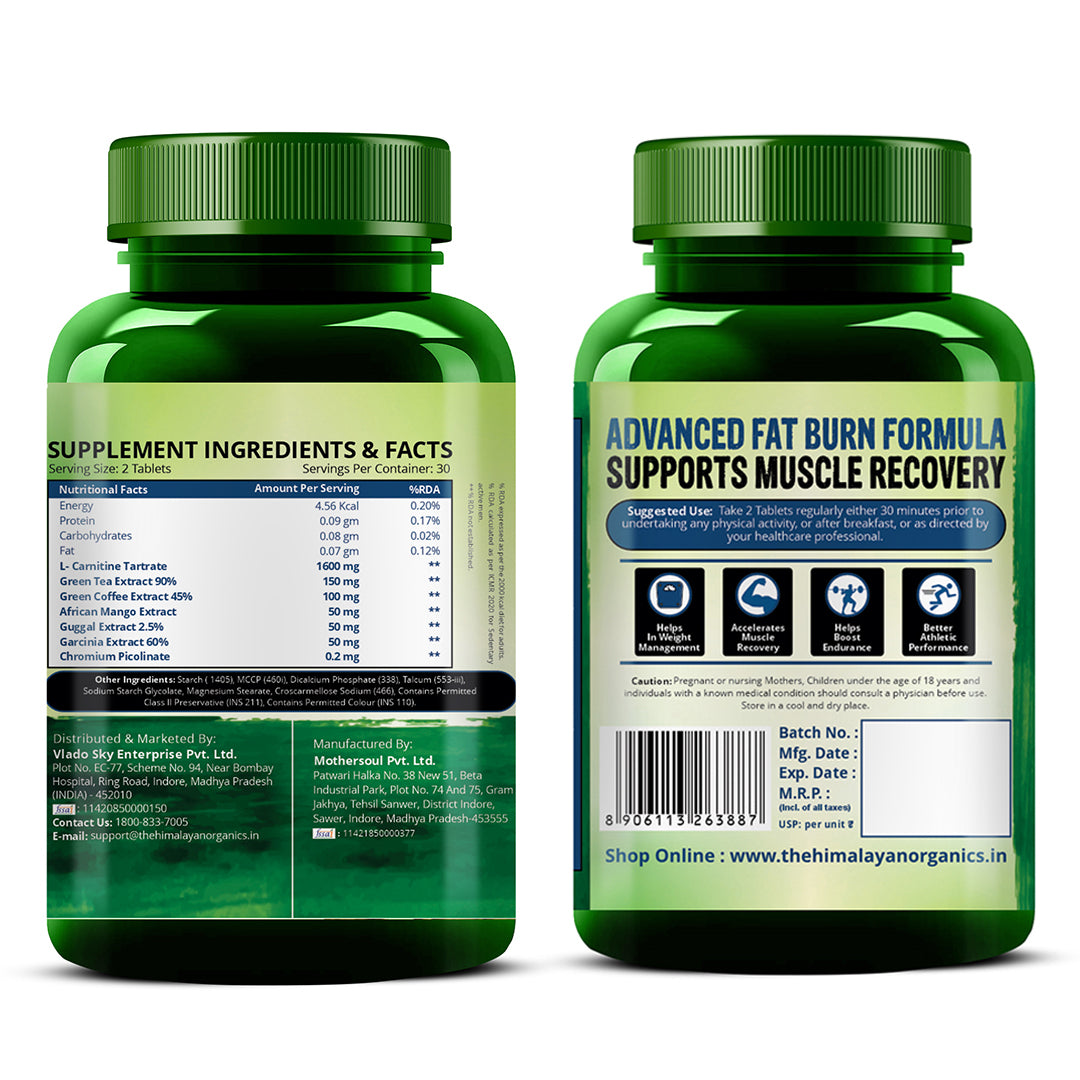 Vlado's Himalayan Organics L-Carnitine 2000mg with Green Tea & Garcinia | 60 Veg Tablets