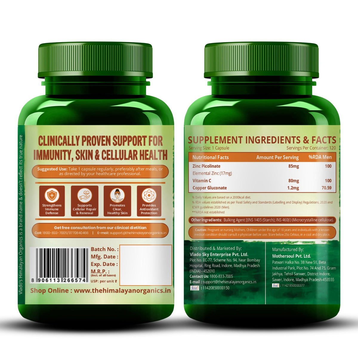 Vlado's Himalayan Organics Zinc Picolinate with Vitamin C & Copper | Zinc Supplement with 17 mg Elemental Zinc | 120 Vegetarian Capsules