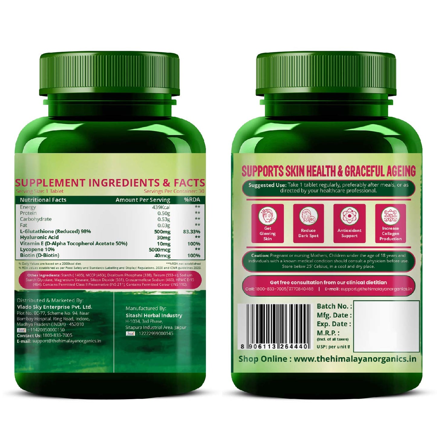 Vlado’s Himalayan Organics L-Glutathione Reduced with Hyaluronic Acid, Vitamin E & Biotin | 30 Veg Tablets