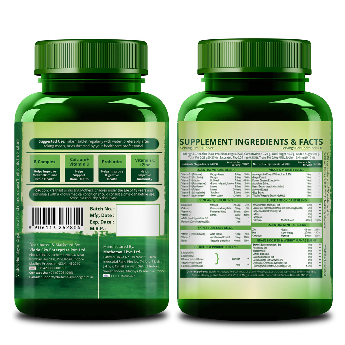 Vlado's Himalayan Organics Multivitamin with Probiotics (60 Tablets) 60 Ingredients for Men & Women with Vitamin C, D, E, B3, B12, Zinc, Giloy & Biotin