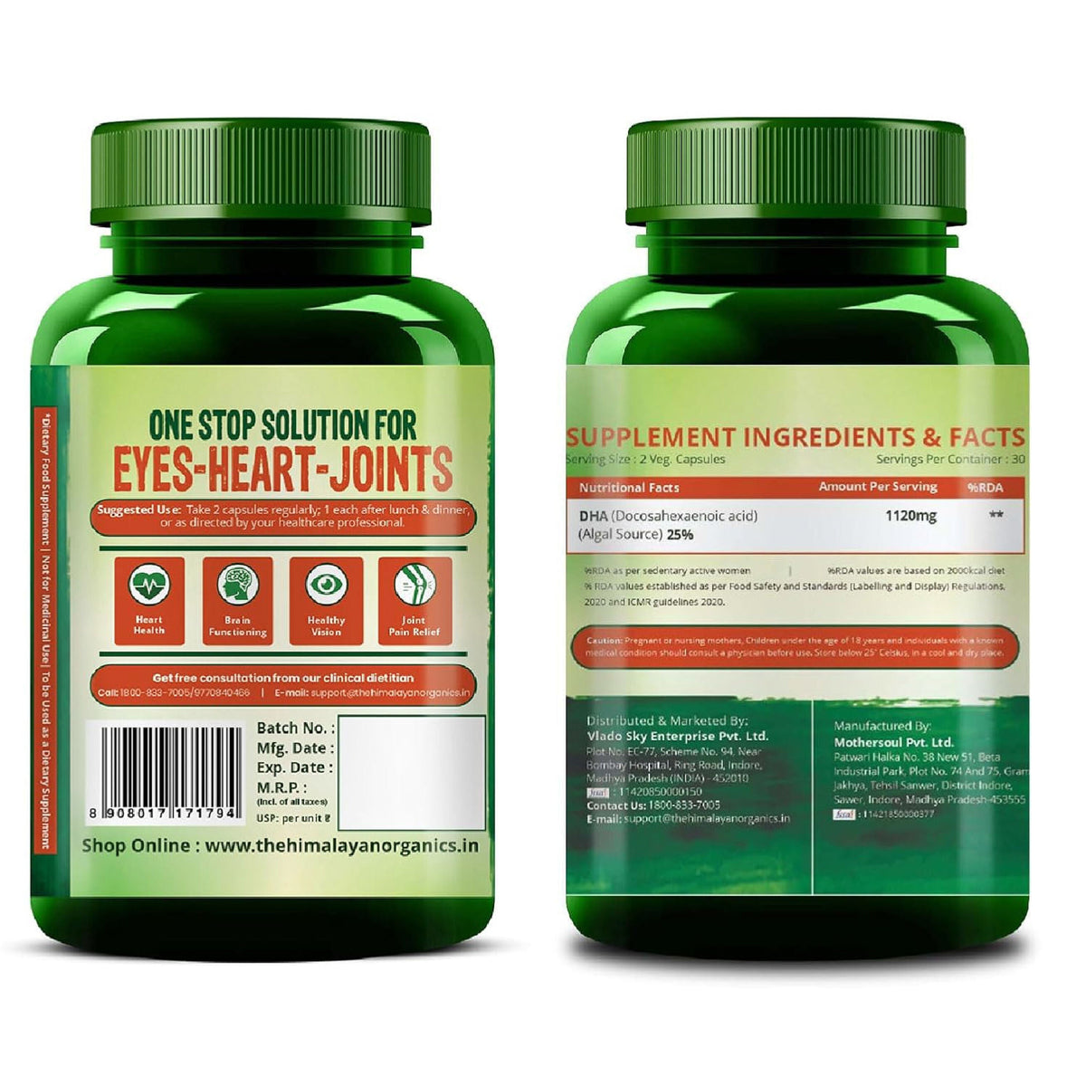 Vlado's Himalayan Organics Vegetarian Omega 3 – 1120 MG | 3X Strength | With Veg DHA & Algal Oil | Plant-Based Omega 3 | No Fish Oil | 60 Veg Capsules for Men & Women