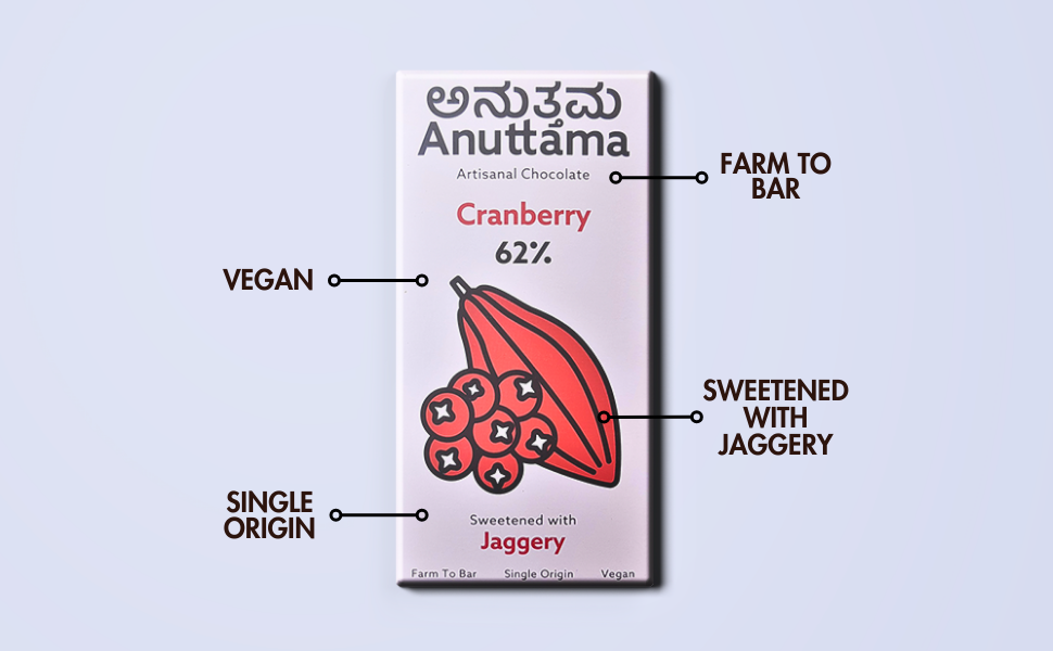 ANUTTAMA Dark Chocolate | 62% Cocoa with Cranberry | Dark Chocolate Sugar Free | No Artificial Flavours and Colors | Natural Chocolate Bar ( 50g Pack of 1)