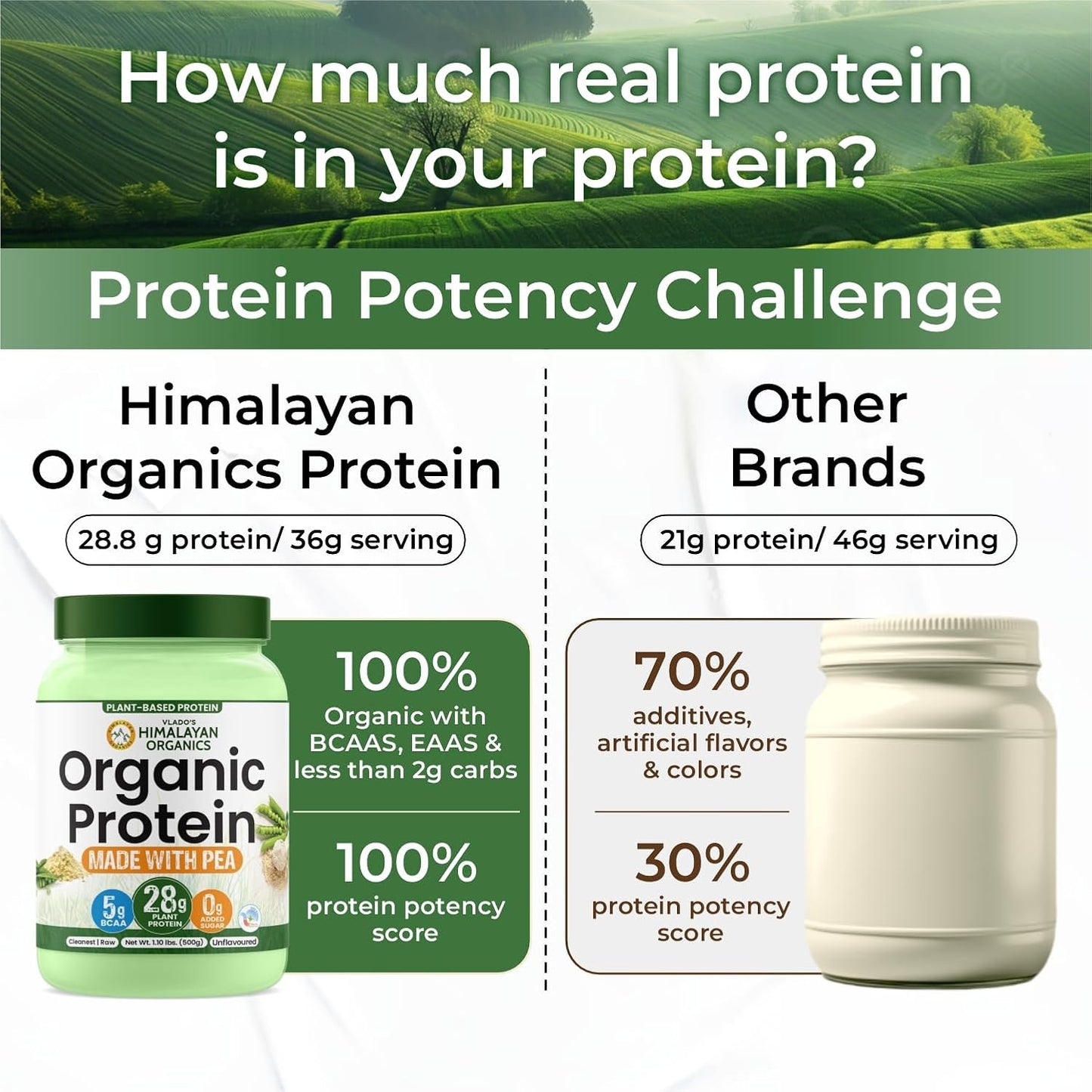 Vlado Himalayan Organics Plant-Based Protein Powder | 100% Organic Pea Protein | 28g Protein, 5g BCAA per Serving | Clean, Vegan, Fast-Absorbing | No Bloating, Easy to Digest | Unflavoured – 500g