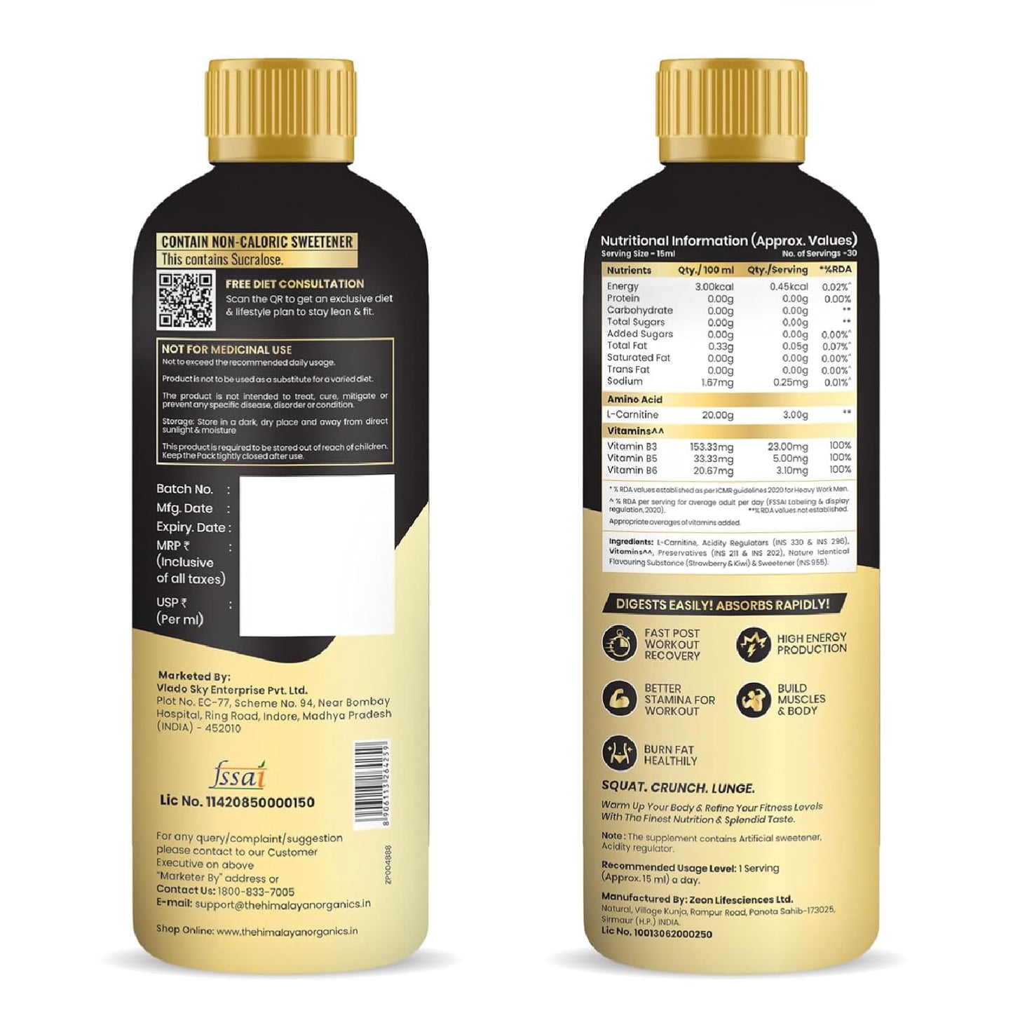 Vlado's Himalayan Organics L-Carnitine Liquid 3000 mg with Vitamin B3, B5, B6 | Pre, Intra & Post Workout Supplement | 5X Strength | Double Strength Formula | For Men & Women | 30 Servings | Strawberry Flavor - 450 ML