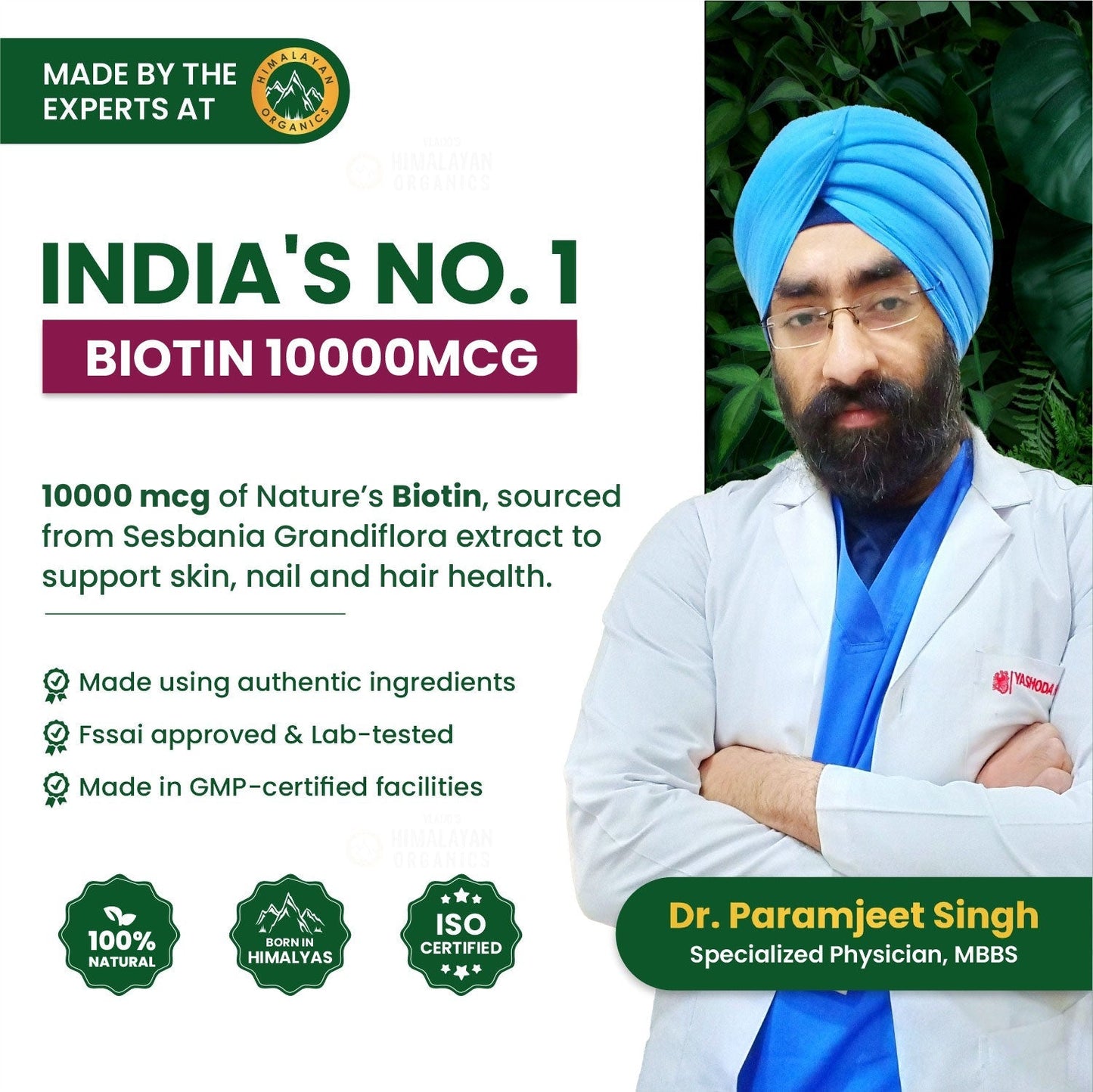Vlado’s Himalayan Organics Biotin 10000 MCG Tablets | With Sesbania Grandiflora Extract | Biotin Supplement for Men & Women – 90 Veg Tablets