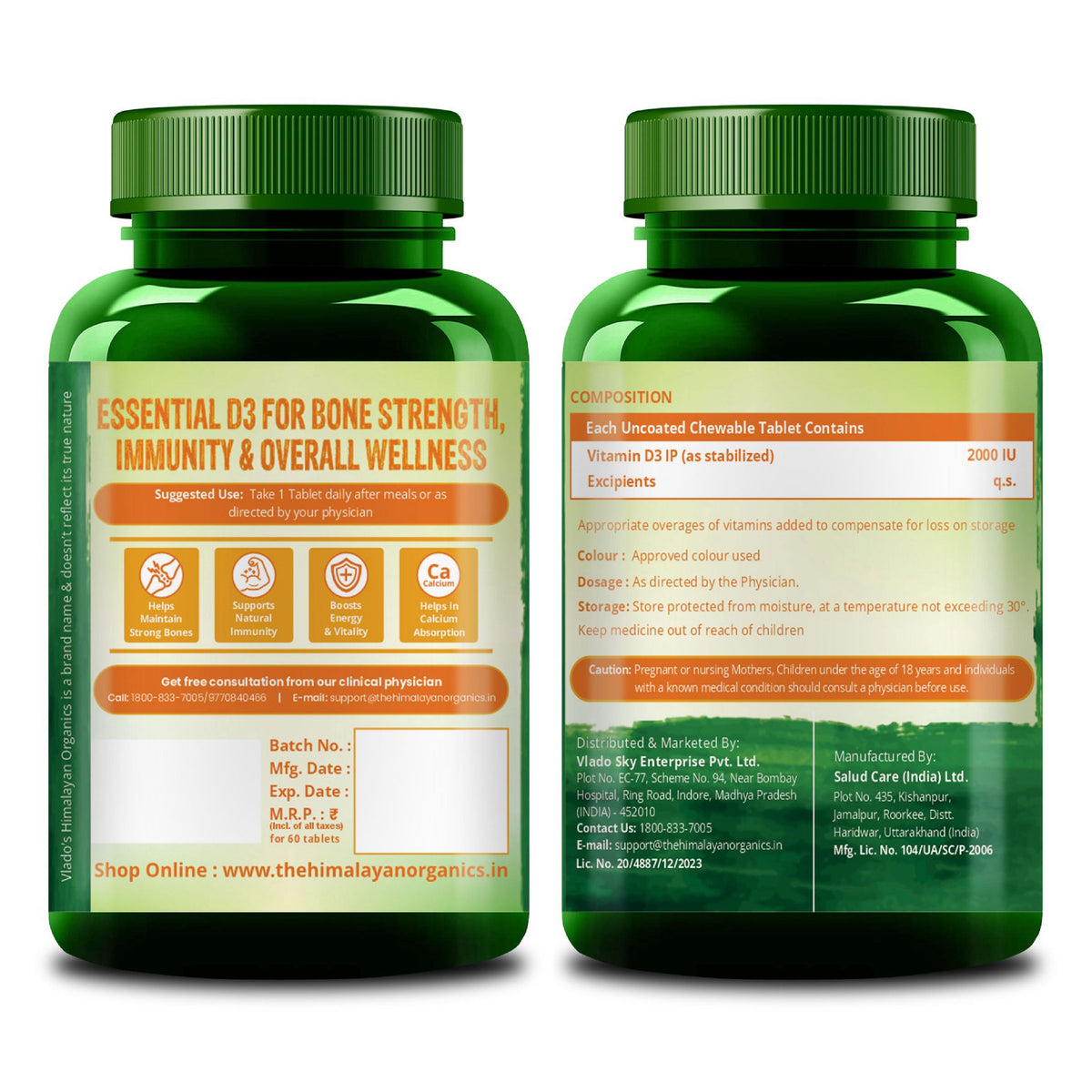 Vlado's Himalayan Organics Vitamin D3 2000 IU Chewable Tablets | Cholecalciferol | Orange Flavour | Dietary Supplement for Men & Women | 60 Tablets