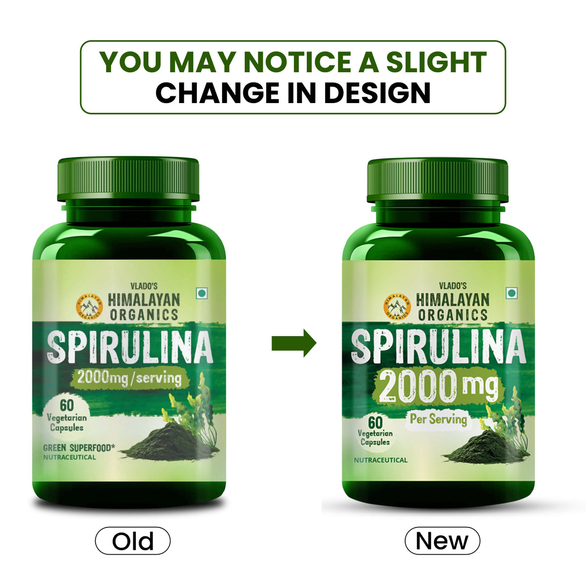 Vlado's Himalayan Organics Spirulina 2000mg Supplement | Plant-Based Superfood | 60 Vegetarian Capsules