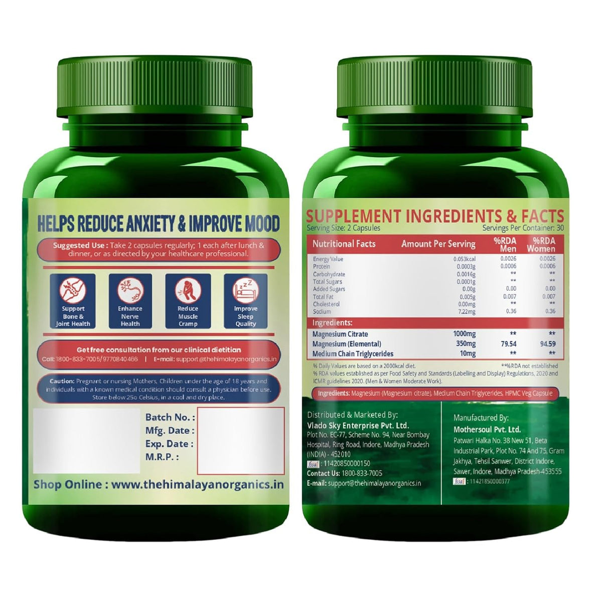 Vlado's Himalayan Organics Magnesium Citrate 1000 mg | 35% Elemental Magnesium | Mineral Supplement for Men & Women | 60 Vegetarian Capsules