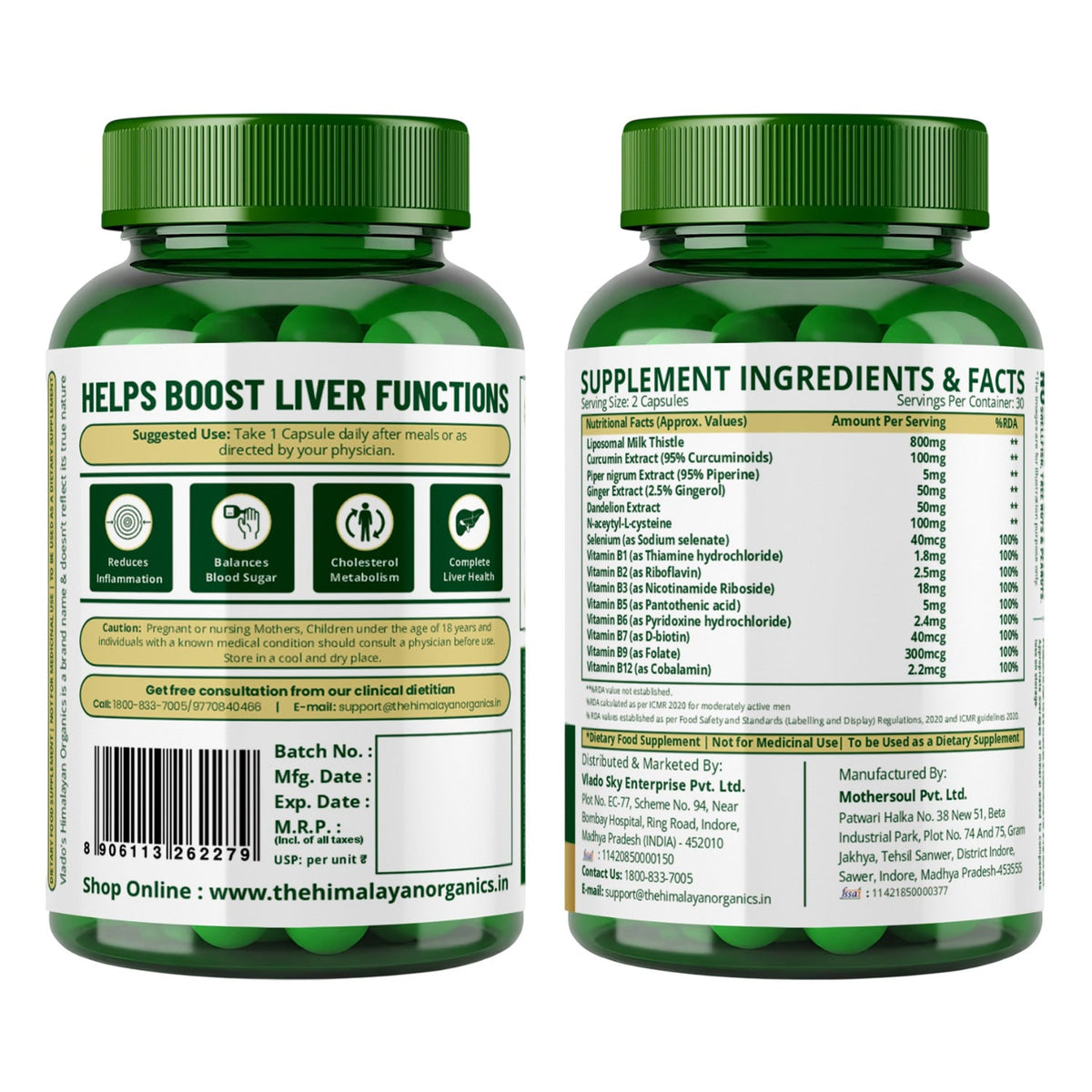 Vlado’s Himalayan Organics Liposomal Liver Detox with Milk Thistle 950mg | Curcumin, Ginger & Dandelion Extract | With Multivitamins & Amino Acids | 60 Veg Capsules