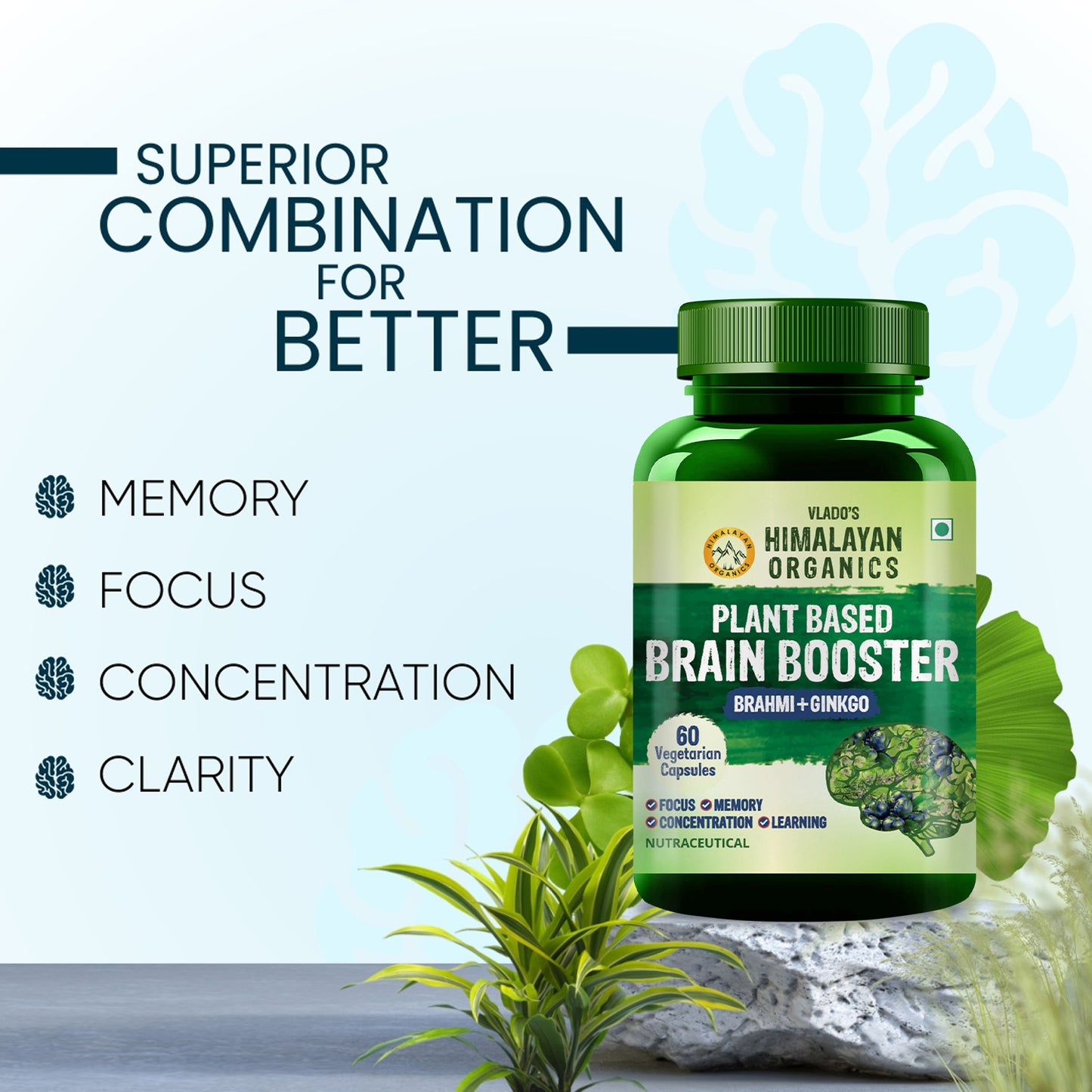 Vlado's Himalayan Organics Plant Based Brain Booster Supplement with Ginkgo Biloba & Brahmi | Boost concentration & Memory | 60 Veg Capsules