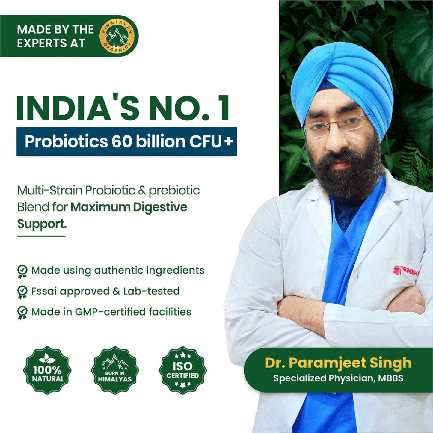 Vlado’s Himalayan Organics Probiotics Supplement 60 Billion CFU with 170mg Prebiotics & 24 Strains | Plant-Based Formula | 60 Veg Capsules