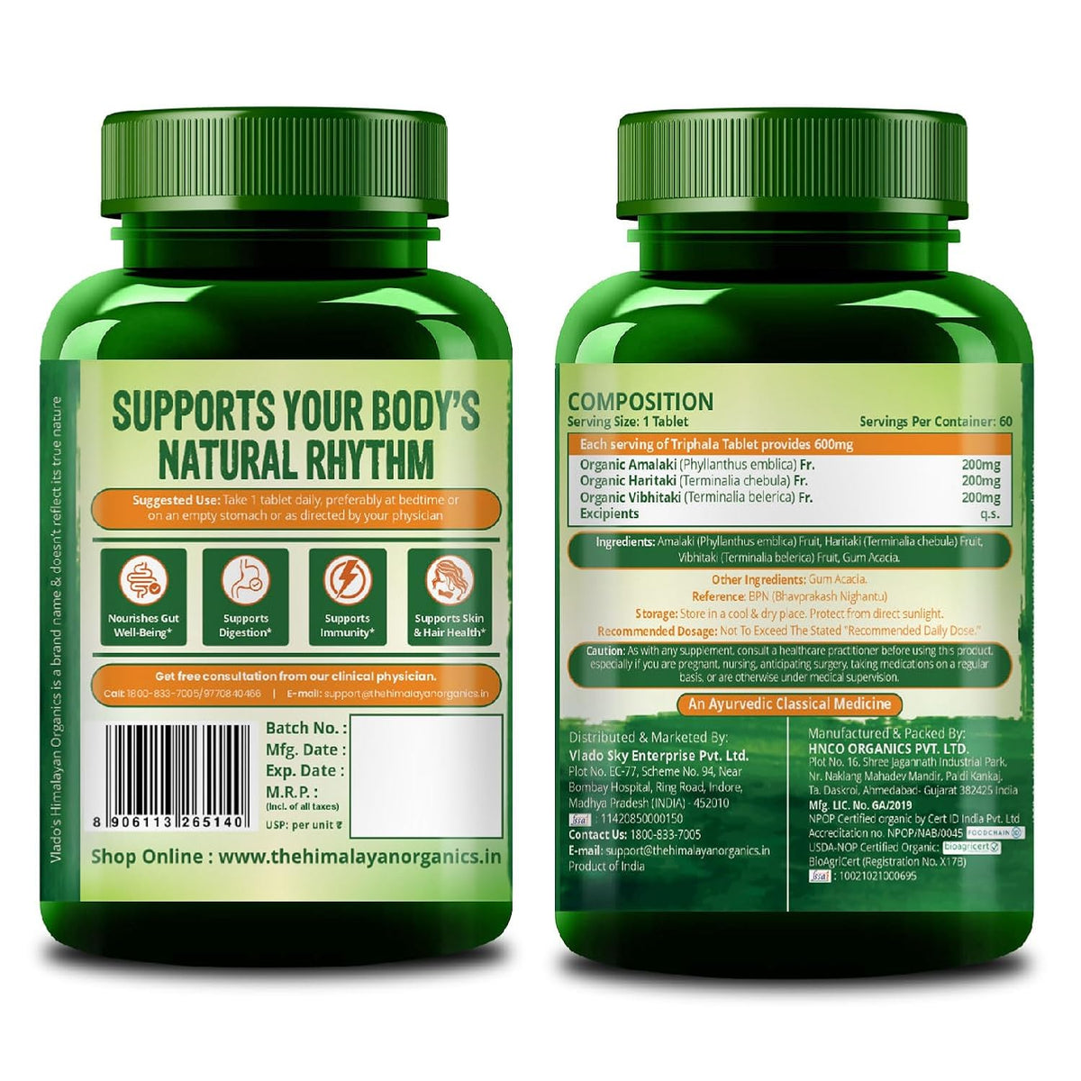 Vlado’s Himalayan Organics Triphala Tablets | Organic Amla, Haritaki & Bibhitaki | Pure Ayurvedic Blend | 60 Tablets