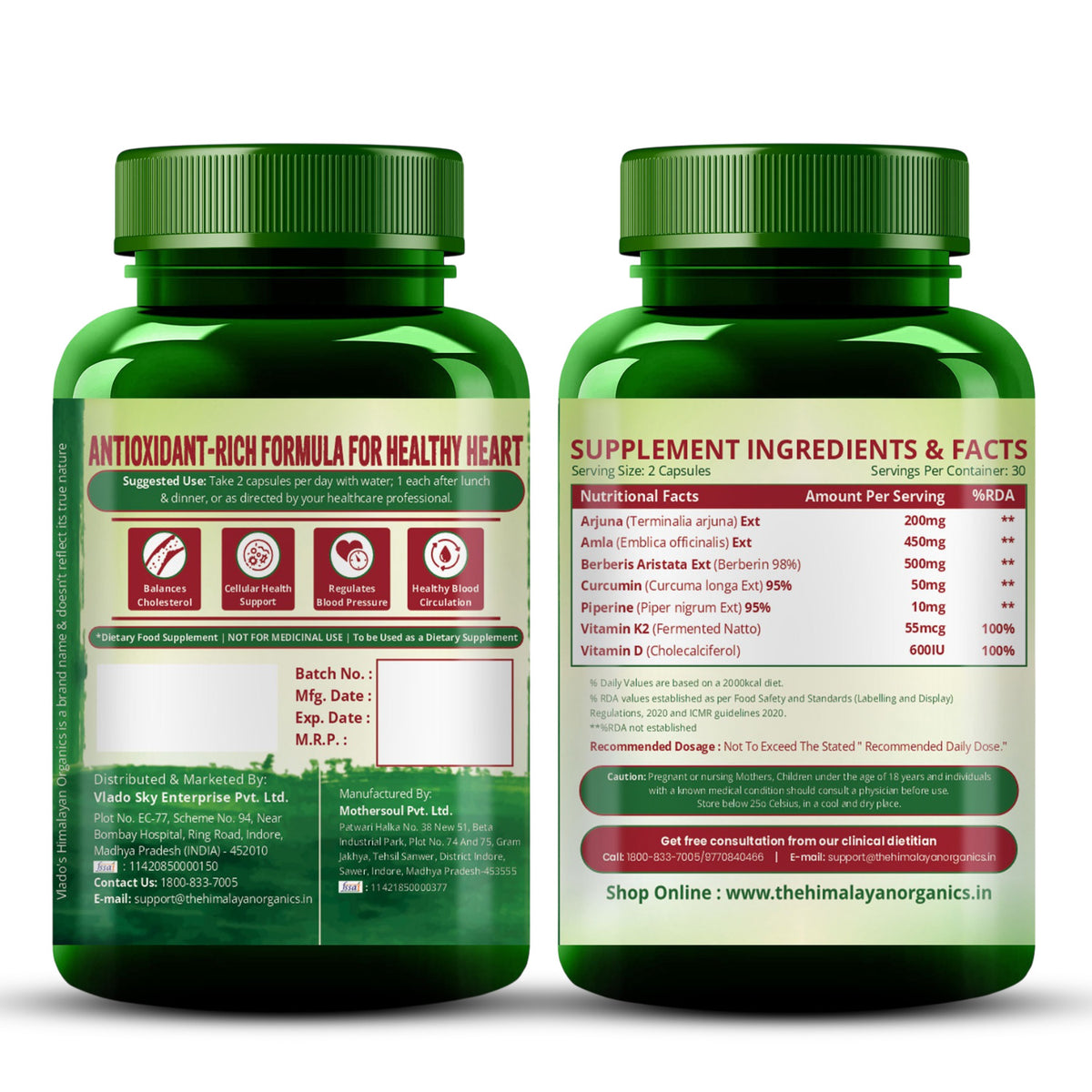 Vlado's Himalayan Organics Herbal Supplement with Arjuna, Amla, Berberine & Curcumin | Ayurvedic Botanical Formula | 60 Vegetarian Capsules