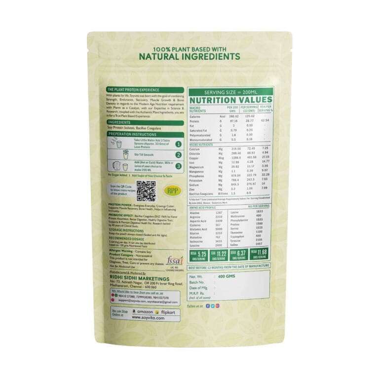 Soyvita Lean Protein with Prebiotics | Non Dairy Raw Plant Protein | Serves – 12 (400 Gms)