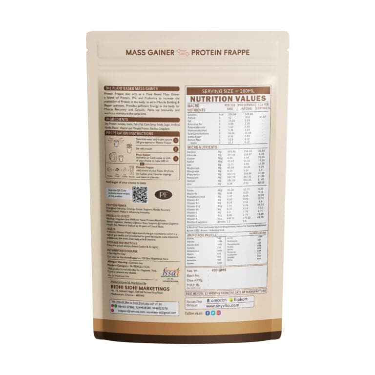 Soyvita Protein Frappe with Prebiotics and Probiotics | Non Dairy | Serves – 10 (400 Gms)