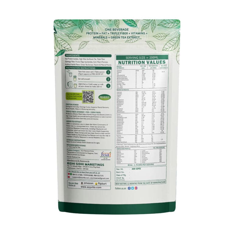 Soyvita Pro 40 DF Protein with Triple Prebiotic Fiber Combination | No Sugar | Green Tea Extract(400g)