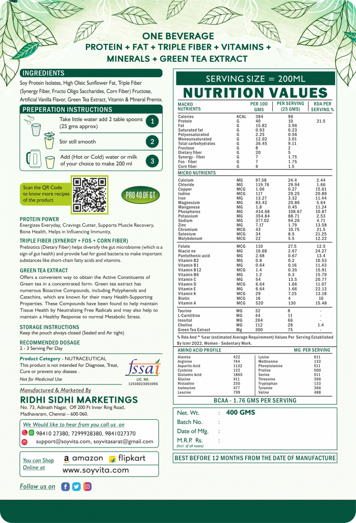 Soyvita Pro 40 DF Protein with Triple Prebiotic Fiber Combination | No Sugar | Green Tea Extract(400g)