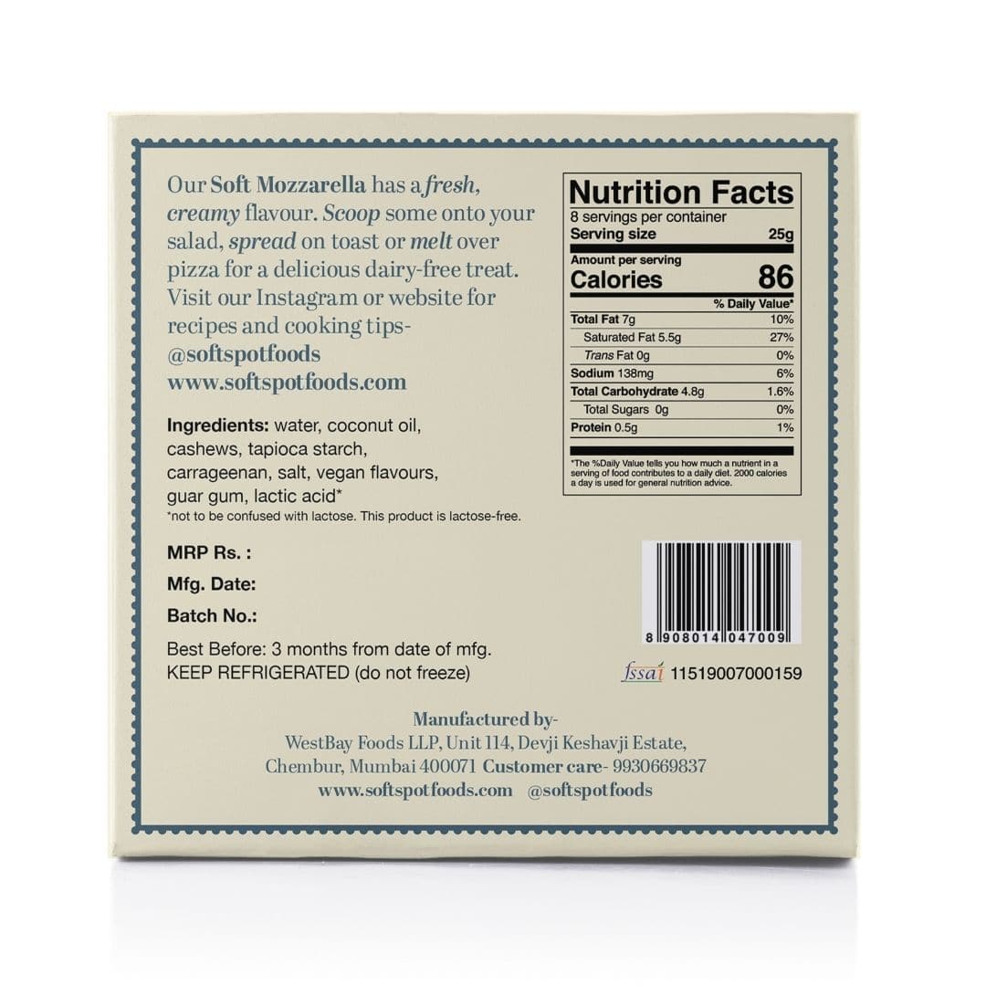 Soft Spot Foods- Soft and Creamy Plant Based Mozzarella Block, 200g (Bangalore Only)