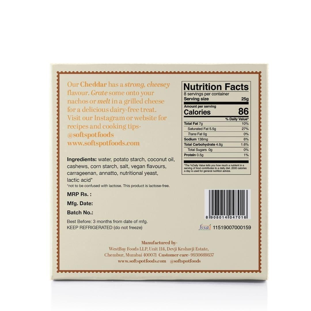 Soft Spot Foods - Plant Based Cheddar Block, 200g (Bangalore Only)