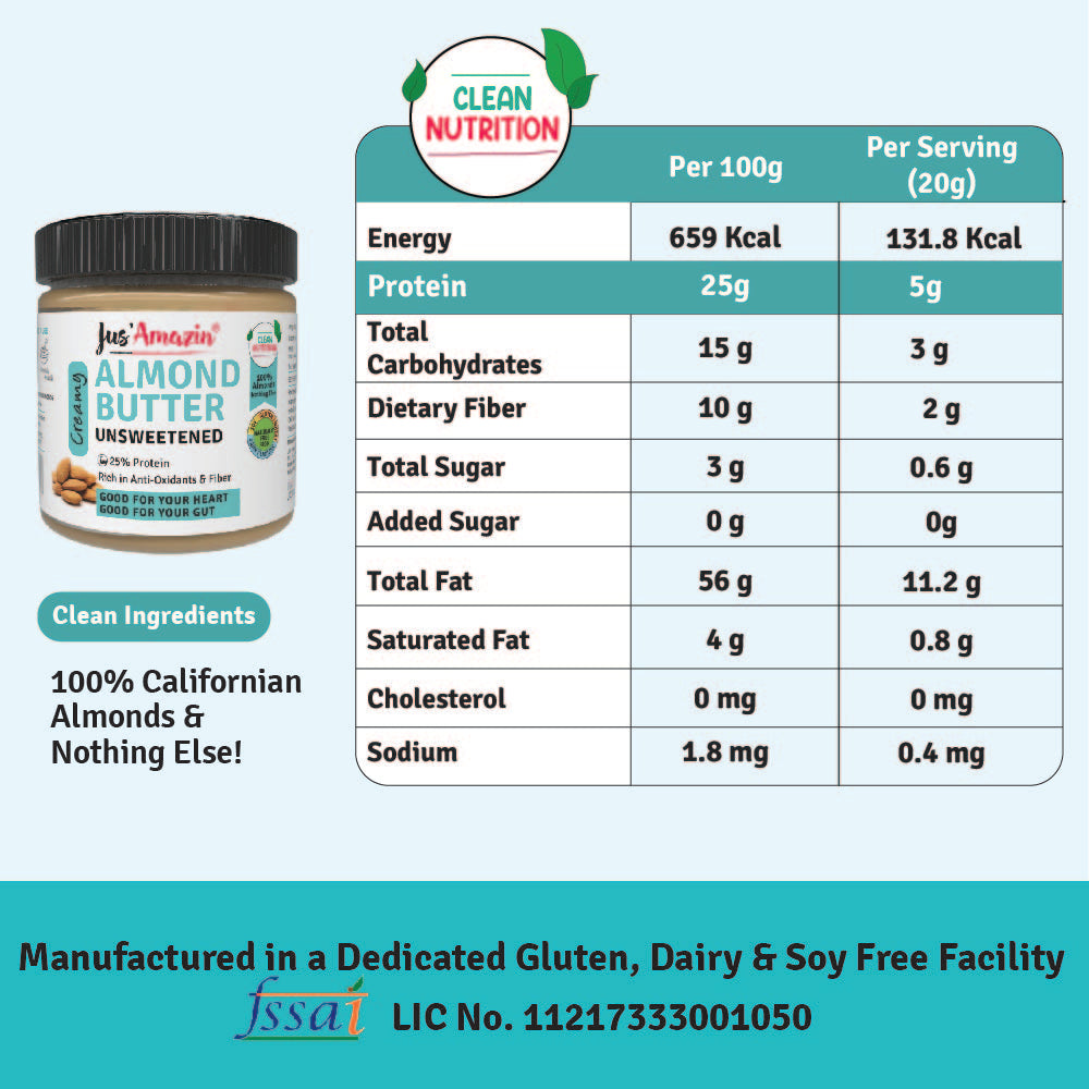 Jus Amazin Creamy Almond Butter - Unsweetened (200g)