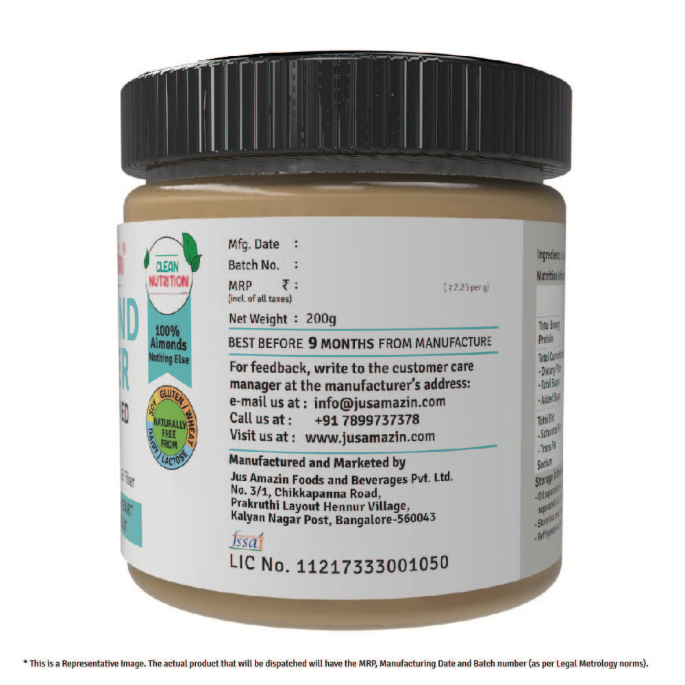Jus Amazin Creamy Almond Butter - Unsweetened (200g)