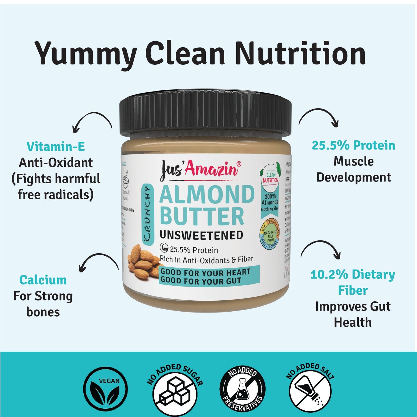 Jus Amazin CRUNCHY Almond Butter - Unsweetened (200g)