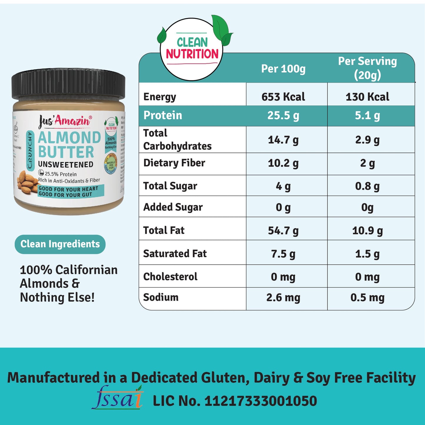 Jus Amazin CRUNCHY Almond Butter - Unsweetened (200g)