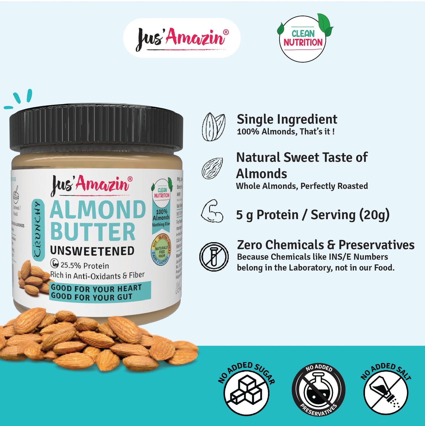 Jus Amazin CRUNCHY Almond Butter - Unsweetened (200g)