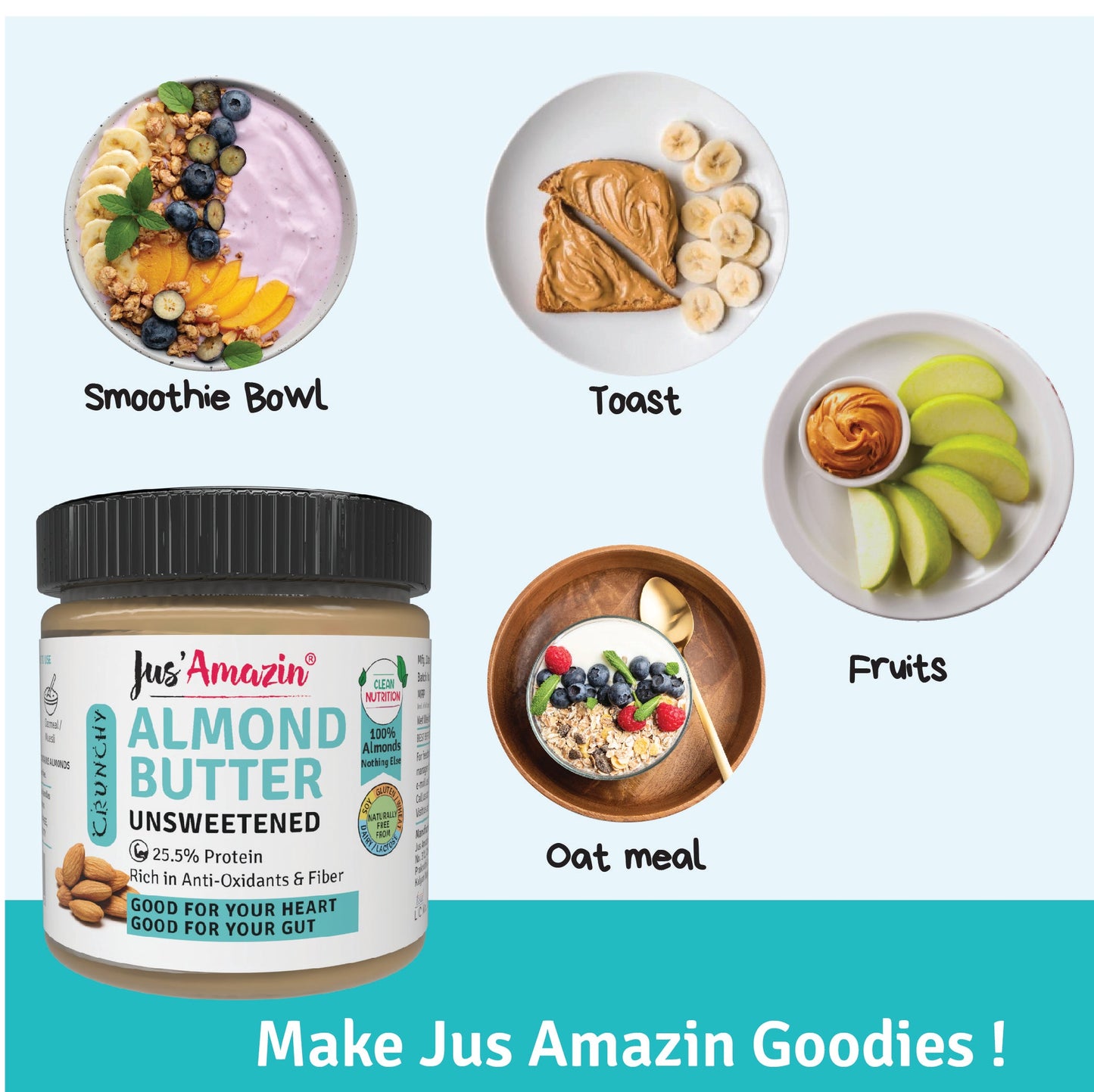 Jus Amazin CRUNCHY Almond Butter - Unsweetened (200g)