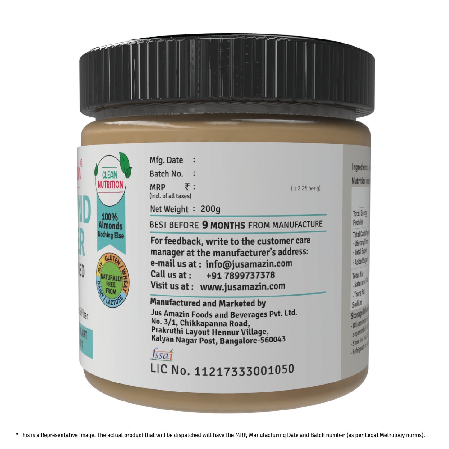Jus Amazin CRUNCHY Almond Butter - Unsweetened (200g)