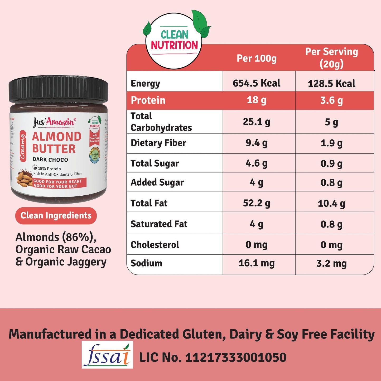 Jus Amazin Creamy Almond Butter – Dark Chocolate (200g)