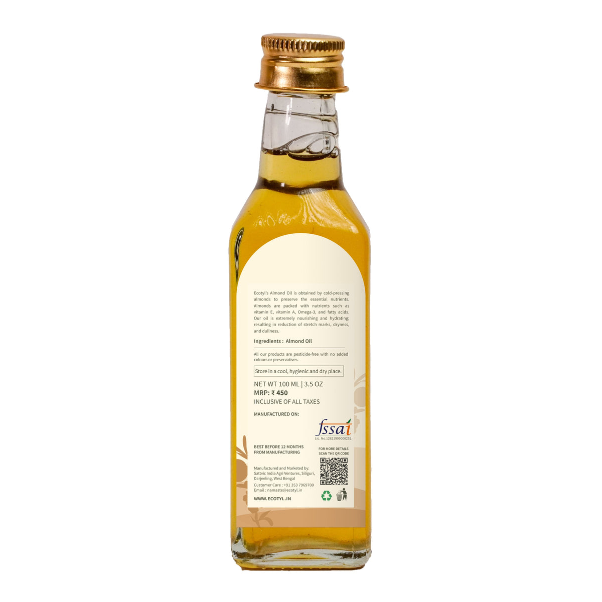 Ecotyl Cold Pressed Almond Oil - Sweet | For Haircare & Skincare | 100ml