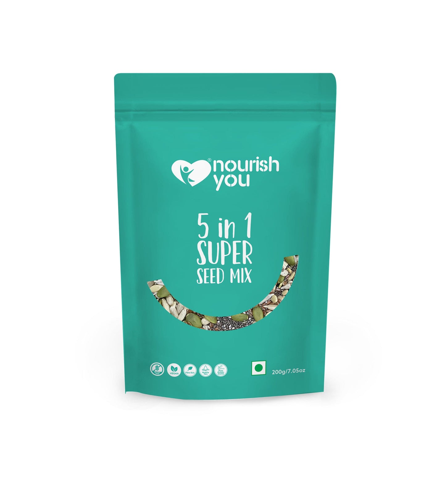 NOURISH YOU Organic 5 IN 1 RAW SEED MIX 200Gms - Sunflower, Watermelon , Flax , Chia & Pumpkin Seeds.