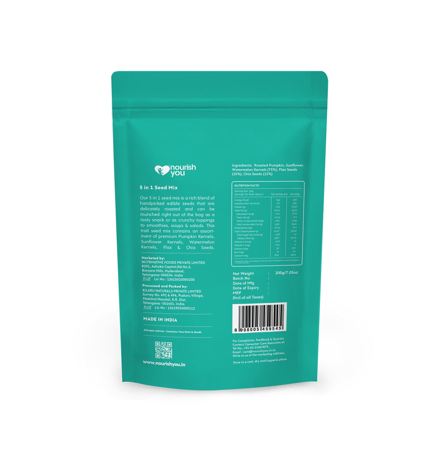 NOURISH YOU Organic 5 IN 1 RAW SEED MIX 200Gms - Sunflower, Watermelon , Flax , Chia & Pumpkin Seeds.