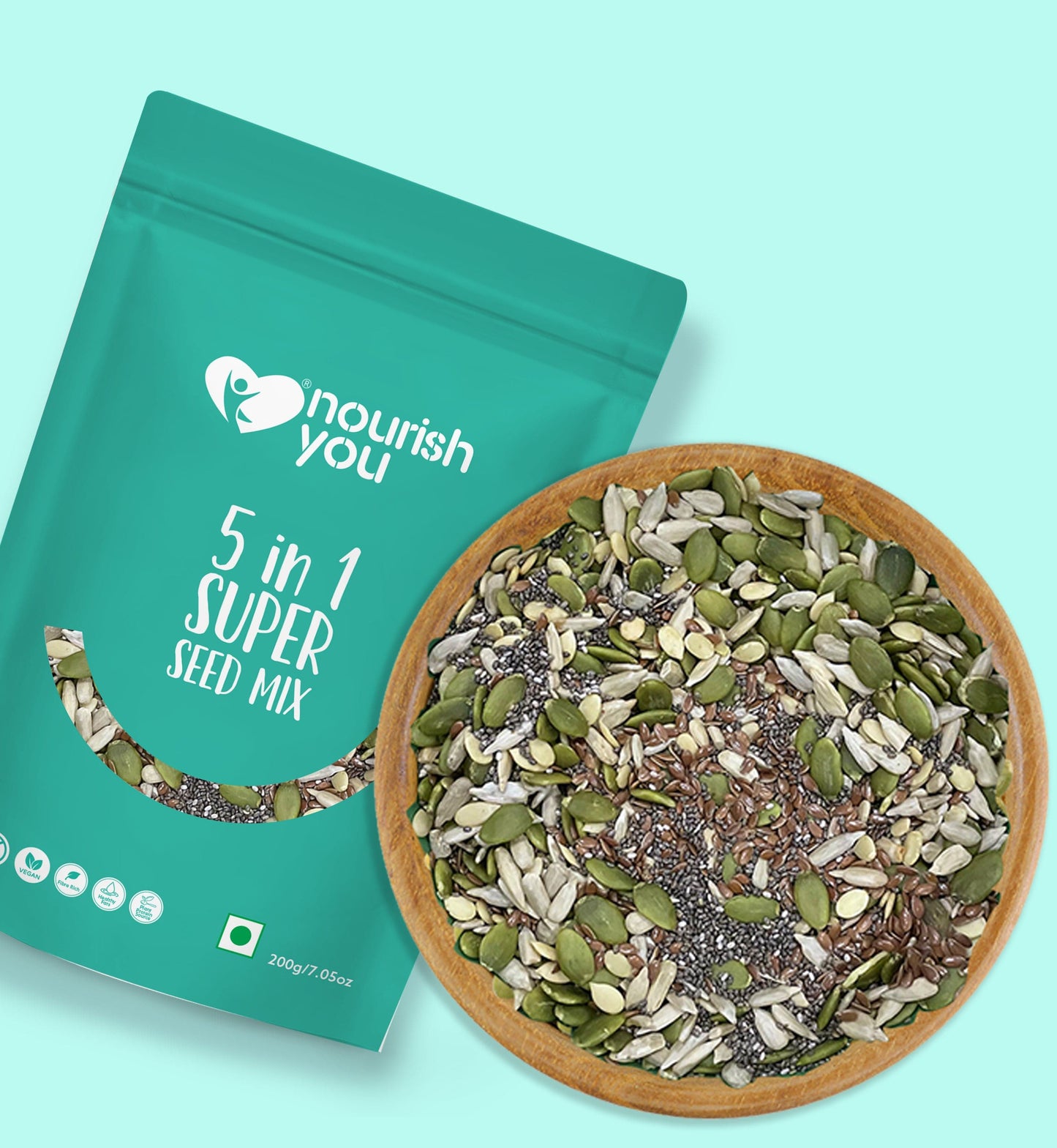 NOURISH YOU Organic 5 IN 1 RAW SEED MIX 200Gms - Sunflower, Watermelon , Flax , Chia & Pumpkin Seeds.