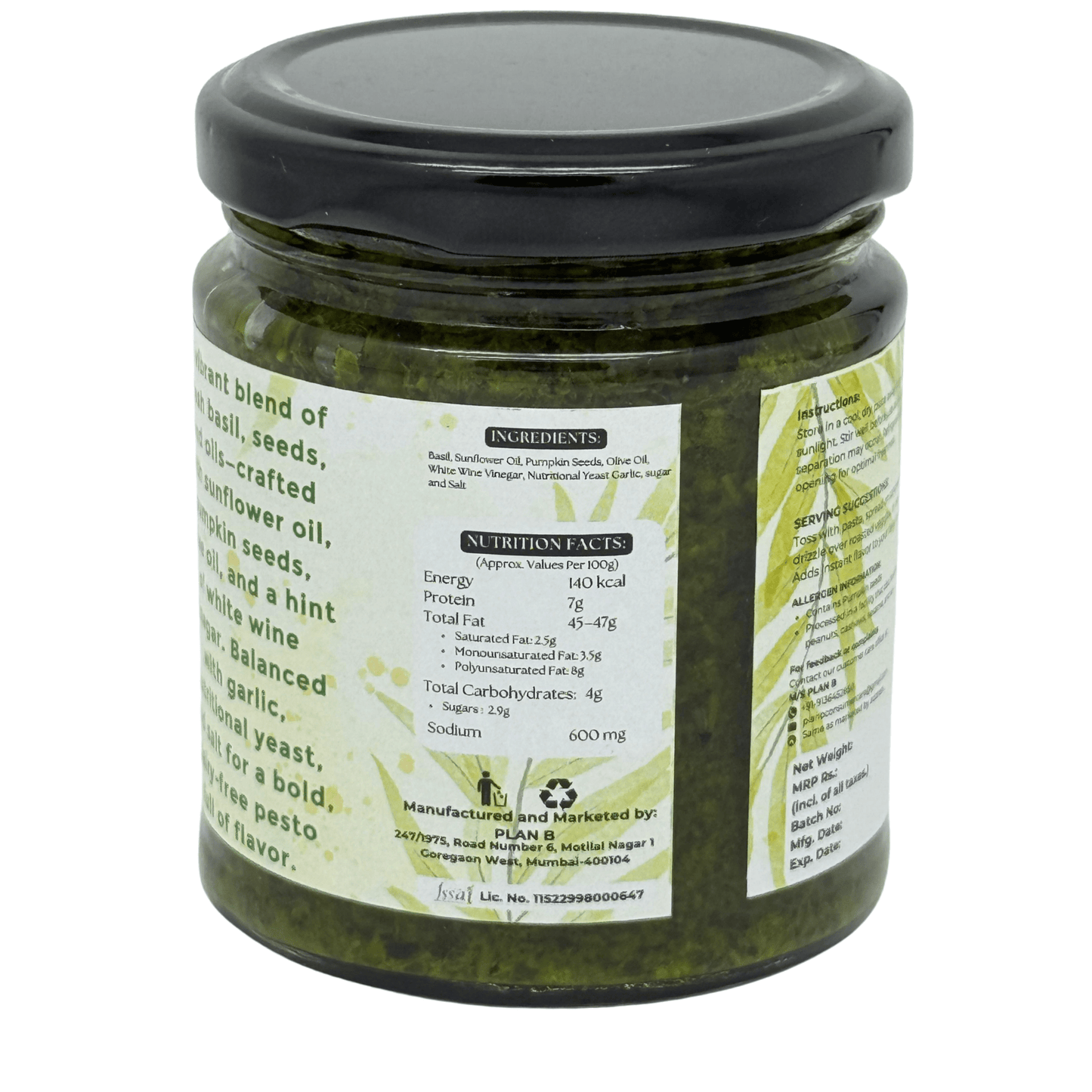 Plan B Vegan Basil Pesto Sauce | Dairy-Free, No Preservatives | Made with Basil, Olive Oil & Pumpkin Seeds | Plant-Based, Gluten-Free | 180g Jar