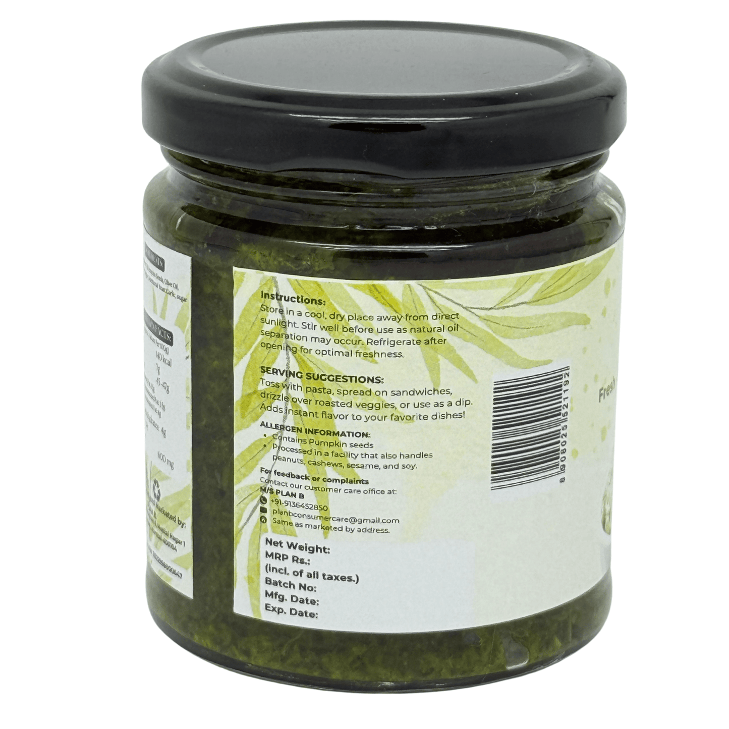 Plan B Vegan Basil Pesto Sauce | Dairy-Free, No Preservatives | Made with Basil, Olive Oil & Pumpkin Seeds | Plant-Based, Gluten-Free | 180g Jar