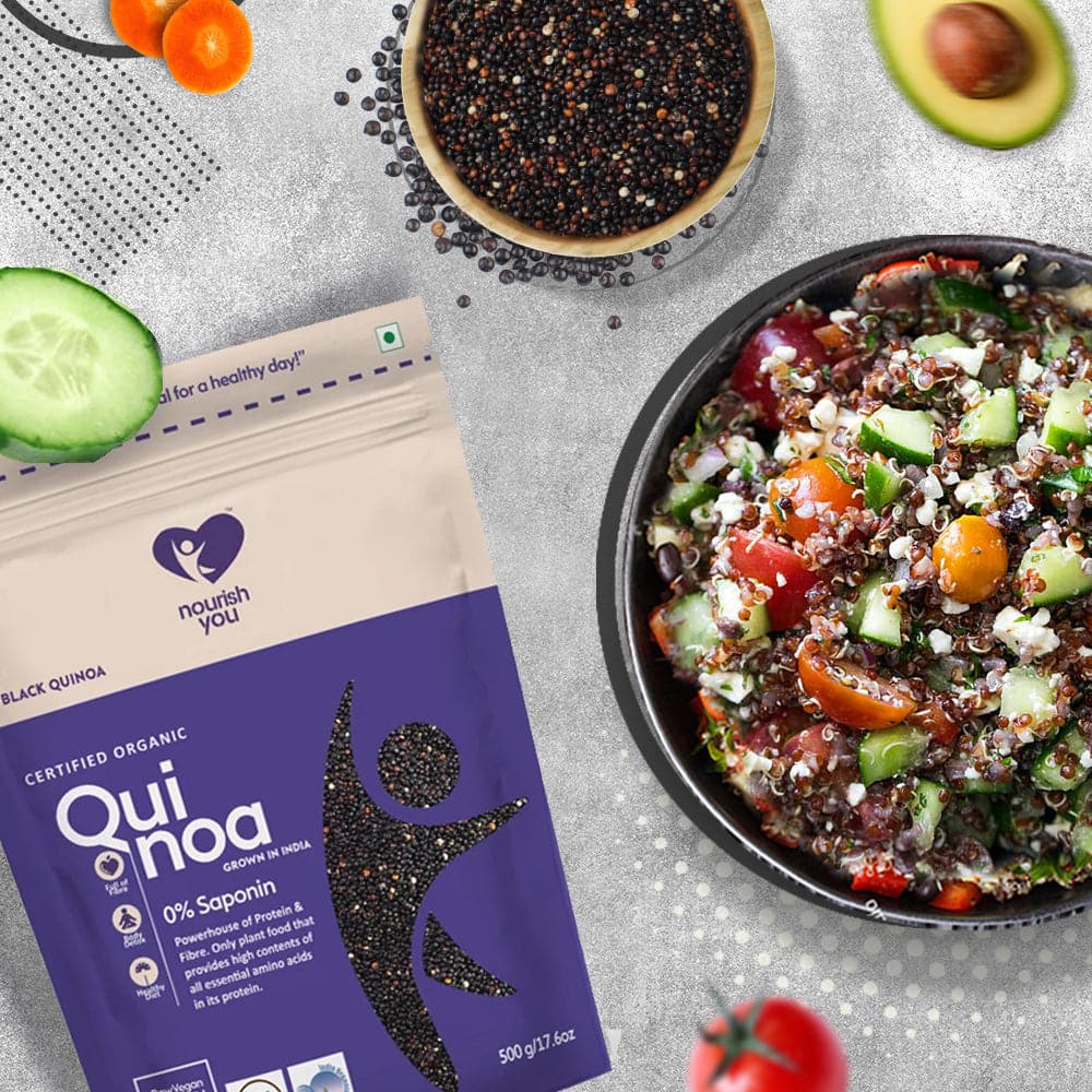 NOURISH YOU Raw Organic Black Quinoa (500G): Packed with Essential Amino Acids, Proteins, and Fibers for Wellness , Healthy food.
