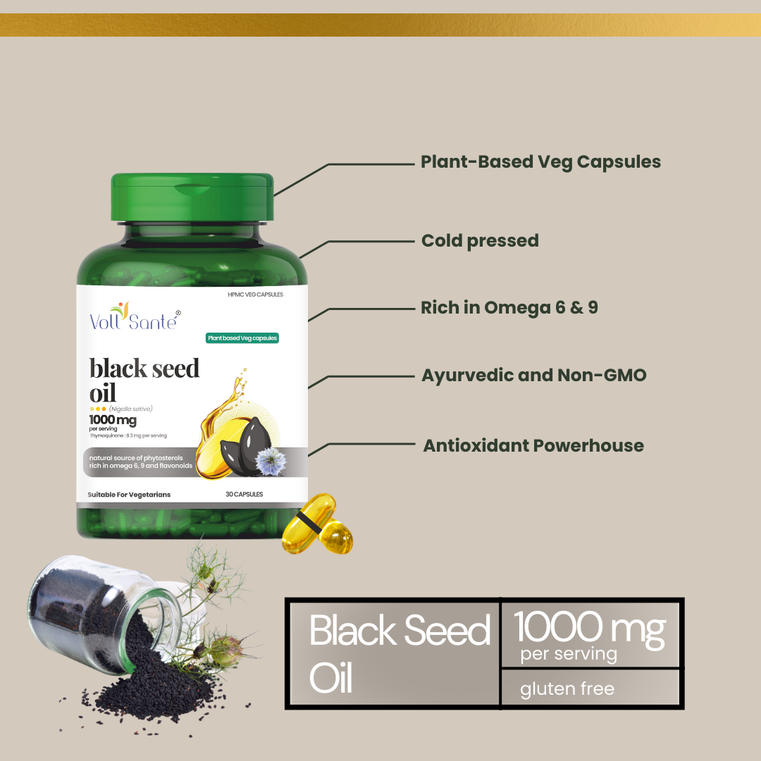 Voll Sante Black Seed Oil Capsule-1000 mg Per Serving | Nigella Sativa Seed Oil With Thymoquinone 8.3 mg Per Serving | HPMC Plant-based Veg Capsule | Ayurvedic | Dietary Supplement | Non-GMO | 30 Capsules