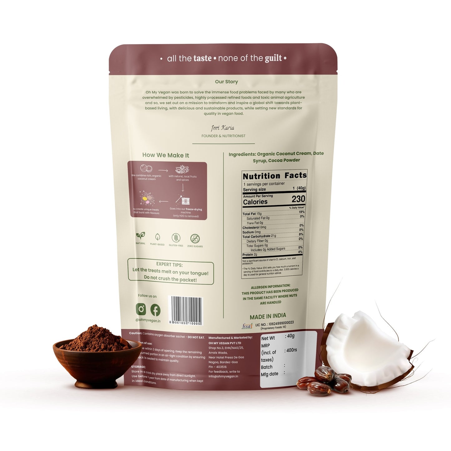 Oh My Vegan Chocolate Coco Melts Combo Pack Of 2 – Healthy Plant Based Freeze-Dried Treats - 40 Grams x 2