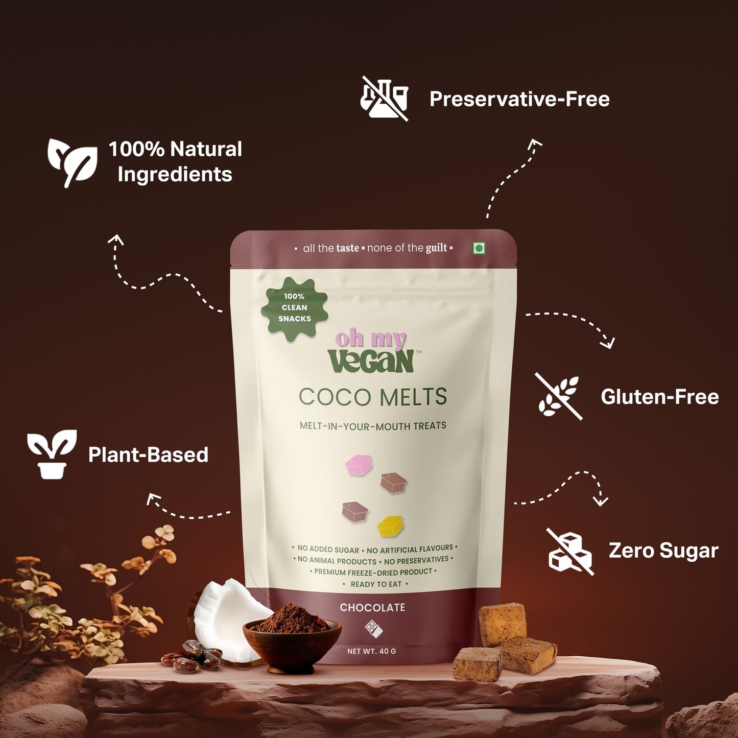 Oh My Vegan Chocolate Coco Melts Combo Pack Of 2 – Healthy Plant Based Freeze-Dried Treats - 40 Grams x 2